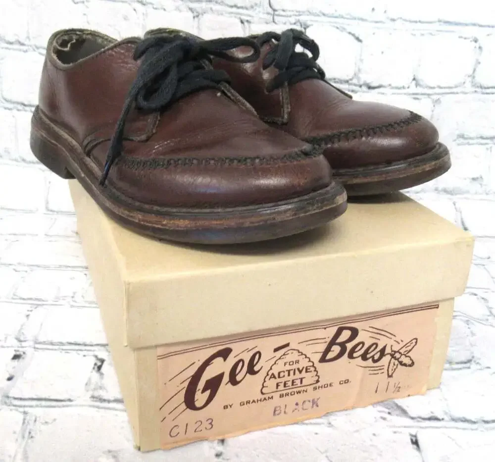 Vintage Gee-Bees Mid-Century Brown Leather Biltrite Kids Toddler Shoes with Box
